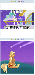 Size: 258x547 | Tagged: safe, artist:ratofdrawn, artist:viva reverie, applejack, princess celestia, derpibooru, princess celestia being deep, g4, applejack's parents, celestia pointing, crying, exploitable meme, female, juxtaposition, juxtaposition win, meme, meta