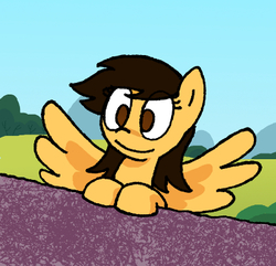 Size: 400x386 | Tagged: safe, artist:manulis, oc, oc only, pegasus, pony, female, mare, no pupils, outdoors, smiling, solo, spread wings, wings