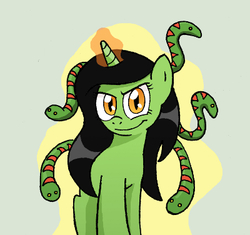 Size: 400x376 | Tagged: safe, artist:manulis, gorgon, pony, unicorn, evil smile, female, glowing horn, horn, looking at you, mare, medusa, ponified, smiling, solo