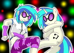 Size: 600x433 | Tagged: safe, artist:manulis, dj pon-3, vinyl scratch, human, pony, unicorn, equestria girls, g4, abstract background, clothes, duo, female, human ponidox, looking at you, mare, pants, raised leg, shirt, smiling, sunglasses