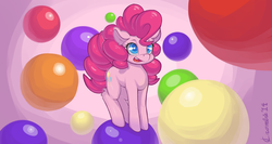 Size: 3840x2040 | Tagged: safe, artist:crombiettw, pinkie pie, g4, balancing, female, fluffy, gumball, high res, open mouth, smiling, solo