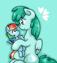Size: 900x1000 | Tagged: safe, artist:stockingstreams, rainbow dash, spring melody, sprinkle medley, g4, carrying, cute, dashabetes, duo, female, filly, foal, headcanon, heart, mother and daughter, smiling, smoldash, sprinklebetes, younger