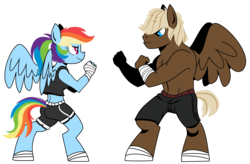 Size: 1501x982 | Tagged: safe, artist:dbkit, dumbbell, rainbow dash, pegasus, anthro, unguligrade anthro, g4, bandage, clothes, duo, male, shorts, simple background, sparring, stallion, transparent background