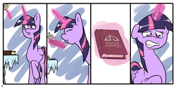 Size: 3000x1500 | Tagged: safe, artist:doggonepony, twilight sparkle, alicorn, pony, g4, blowing, book, comic, deviantart, dust, female, mare, responsibility, solo, twilight sparkle (alicorn), twilight's lost book