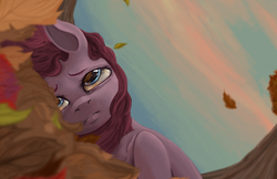 Size: 1097x710 | Tagged: safe, artist:colorlesscupcake, pinkie pie, earth pony, pony, g4, autumn, female, leaves, lying, pinkamena diane pie, sad, solo