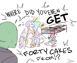 Size: 1765x1449 | Tagged: safe, artist:nobody, princess celestia, oc, oc:anon, oc:dawn, satyr, g4, :t, and that's terrible, cake, cakelestia, cute, daughter, eating, eyes closed, family, father, happy, interspecies offspring, lex luthor, magic, mother, mother and daughter, offspring, parent:oc:anon, parent:princess celestia, sitting, smiling, spread wings, stealing, sweat, telekinesis