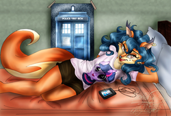 Size: 842x570 | Tagged: safe, artist:moon-shyne, dj pon-3, twilight sparkle, vinyl scratch, anthro, g4, barely pony related, bed, carmelita fox, crossover, doctor who, furry, lying down, mp3 player, sly cooper, tardis