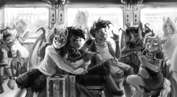 Size: 3447x1892 | Tagged: safe, artist:arainmorn, oc, oc only, oc:bates, oc:luvi, chimera, anthro, anthro oc, group, monochrome, train