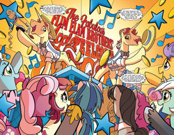 Size: 1235x952 | Tagged: safe, artist:tonyfleecs, idw, berry punch, berryshine, bon bon, cheerilee, dj pon-3, flam, flash sentry, fleetfoot, flim, lyra heartstrings, octavia melody, pinkie pie, roseluck, sweetie drops, vinyl scratch, friends forever #9, g4, my little pony: friends forever, spoiler:comic, flim flam brothers, peelcore 8000, song