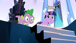 Size: 960x540 | Tagged: safe, edit, edited screencap, screencap, spike, twilight sparkle, g4, the crystal empire, crystal empire, duo, hooves together, image macro, meme, soon, throne
