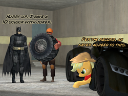 Size: 1024x768 | Tagged: safe, artist:php74, applejack, earth pony, human, pony, g4, 3d, batman, batmobile, crossover, engineer, engineer (tf2), female, gmod, male, mare, pun, red engineer, team fortress 2