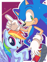 Size: 923x1217 | Tagged: safe, artist:domestic-hedgehog, rainbow dash, g4, crossover, duo, male, sonic the hedgehog, sonic the hedgehog (series)