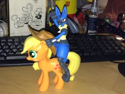 Size: 1280x960 | Tagged: safe, applejack, lucario, pony, g4, bone, bone (comic), crossover, female, fone bone, irl, keyboard, phoney bone, photo, pokémon, pokémon riding ponies, riding, smiley bone, toy, transformers