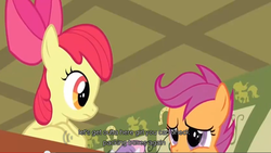 Size: 631x355 | Tagged: safe, screencap, apple bloom, scootaloo, sweetie belle, g4, ponyville confidential, cutie mark crusaders, meme, youtube caption