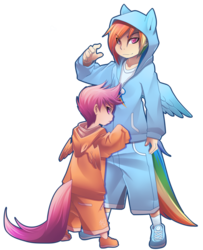 Size: 1024x1258 | Tagged: safe, artist:phation, rainbow dash, scootaloo, human, g4, clothes, hoodie, humanized, tailed humanization, winged hoodie