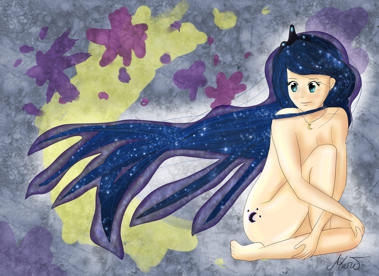 suggestive, artist:thederpytastic, <b>princess</b> luna, human, g4, barefoot, brea...