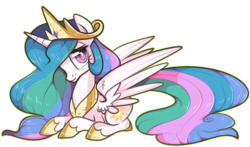 Size: 836x491 | Tagged: dead source, safe, artist:suzuii, princess celestia, alicorn, pony, g4, cute, cutelestia, female, looking at you, mare, prone, simple background, smiling, solo, transparent background
