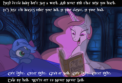 Size: 1078x739 | Tagged: safe, princess celestia, princess luna, g4, book, celestia's bedtime story, cute, enter sandman, exploitable meme, filly, meme, metallica, song reference, woona