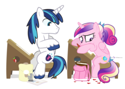 Size: 1140x810 | Tagged: safe, artist:dm29, princess cadance, shining armor, g4, blushing, classroom, crush, desk, duo, heart, school, simple background, transparent background