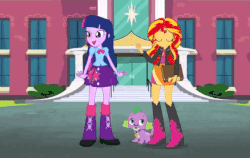 Size: 562x356 | Tagged: safe, screencap, applejack, fluttershy, pinkie pie, rainbow dash, rarity, spike, sunset shimmer, twilight sparkle, dog, equestria girls, g4, my little pony equestria girls: rainbow rocks, animated, balloon, boots, bracelet, clothes, cowboy boots, do not want, group hug, high heel boots, humane six, jewelry, mane six, skirt, socks, spike the dog