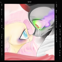 Size: 894x894 | Tagged: dead source, safe, artist:dear-cotton-candy, fluttershy, king sombra, pegasus, pony, unicorn, g4, armor, bruised, colored horn, crying, curved horn, female, horn, male, mare, ship:sombrashy, shipping, sombra eyes, sombra horn, stallion, straight, text