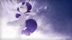 Size: 1920x1080 | Tagged: safe, artist:joey darkmeat, artist:mithandir730, artist:romus91, artist:tim015, rarity, pony, unicorn, g4, bipedal, cloud, cloudy, collaboration, dancing, eyes closed, female, sky, solo, standing, standing on one leg, upright, vector, wallpaper, wings