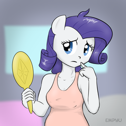 Size: 1000x1000 | Tagged: safe, artist:empyu, rarity, anthro, g4, ambiguous facial structure, bad hair day, clothes, dress, mirror, solo