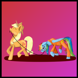 Size: 800x800 | Tagged: safe, artist:auroraswirls, applejack, rainbow dash, earth pony, pegasus, pony, g4, bound wings, bridle, chains, clothes, duo, eyes closed, female, gradient background, hat, leash, lesbian, mare, prison outfit, prisoner, prisoner rd, ship:appledash, shipping, walking