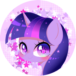 Size: 736x736 | Tagged: safe, artist:yuzuko, twilight sparkle, pony, g4, abstract background, bust, female, mare, portrait, solo, sparkles, starry eyes, stars, wingding eyes
