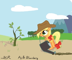 Size: 1000x835 | Tagged: safe, artist:sirradical, applejack, bloomberg, g4, bow, cute, female, filly, hat, jackabetes, mouth hold, solo, tree, watering can, younger