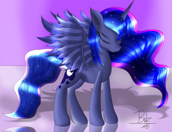 Size: 2600x2000 | Tagged: safe, artist:mrbrunoh1, princess luna, alicorn, pony, g4, eyes closed, female, high res, sad, solo, spread wings