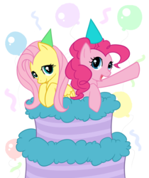 Size: 1036x1236 | Tagged: safe, artist:forever-eternal, fluttershy, pinkie pie, g4, balloon, cake, hat, party hat, popping out of a cake