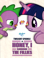 Size: 960x1279 | Tagged: safe, artist:dan232323, apple bloom, babs seed, scootaloo, spike, sweetie belle, twilight sparkle, alicorn, pony, g4, cutie mark crusaders, honey i shrunk the kids, microphone, movie poster, parody, twilight sparkle (alicorn)