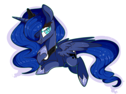 Size: 1000x750 | Tagged: dead source, safe, artist:suzuii, princess luna, g4, female, prone, simple background, smiling, solo