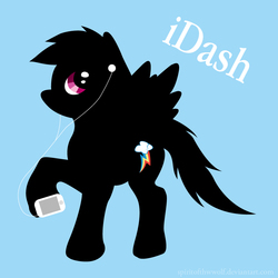 Size: 900x900 | Tagged: safe, artist:spiritofthwwolf, rainbow dash, pegasus, pony, g4, earbuds, female, ipod, ipod ad spoof, light blue background, mare, mp3 player, parody, silhouette, simple background, solo