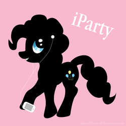 Size: 900x900 | Tagged: safe, artist:spiritofthwwolf, pinkie pie, earth pony, pony, g4, earbuds, female, ipod, ipod ad spoof, mare, mp3 player, parody, pink background, silhouette, simple background, smiling, solo