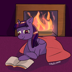 Size: 1024x1024 | Tagged: safe, artist:vogelchan, twilight sparkle, alicorn, pony, g4, female, fireplace, mare, reading, solo, twilight sparkle (alicorn)