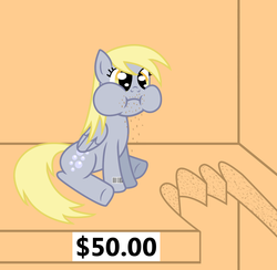 Size: 1177x1148 | Tagged: safe, artist:vincentthecrow, part of a set, derpy hooves, pegasus, pony, g4, aweeg*, barcode, bite mark, bronybait, crumbs, cutie mark, female, gigawat, mare, ponies for sale, price tag, puffy cheeks, solo