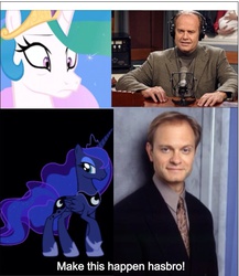 Size: 644x743 | Tagged: safe, princess celestia, princess luna, g4, exploitable meme, frasier, frasier crane, image macro, make it happen, meme, niles crane