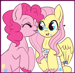 Size: 461x450 | Tagged: safe, artist:lulubell, fluttershy, pinkie pie, g4, apron, blushing, clothes, female, frosting, lesbian, licking, ship:flutterpie, shipping, unshorn fetlocks