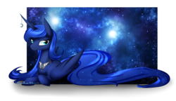 Size: 1756x1012 | Tagged: safe, artist:alphaaquilae, artist:theemeraldthunder, princess luna, alicorn, pony, g4, female, horn, horn jewelry, jewelry, looking at you, mare, missing accessory, peytral, prone, solo, space, stars