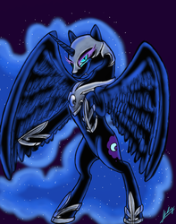 Size: 1024x1300 | Tagged: safe, artist:xxmarkingxx, nightmare moon, alicorn, pony, g4, bipedal, fangs, female, solo, spread wings