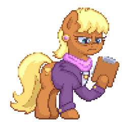 Size: 396x380 | Tagged: safe, artist:mrponiator, ms. harshwhinny, pony, g4, animated, clipboard, clothes, ear piercing, female, frown, glare, hoof hold, mare, piercing, pixel art, professionalism, reading, simple background, solo, transparent background, unamused