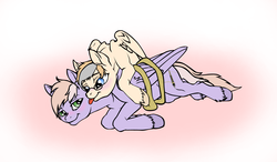 Size: 1196x698 | Tagged: safe, artist:chickenwhite, oc, oc only, oc:chickenwhite, oc:lavender, oc:sepia tone, pegasus, pony, aftercare, bedroom eyes, blushing, bound wings, female, glasses, hug, licking, male, on side, rope, smiling, tongue out