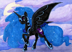 Size: 1123x816 | Tagged: safe, artist:jenkiwi, nightmare moon, alicorn, pony, g4, female, mare, raised hoof, solo, spread wings, traditional art