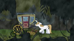 Size: 1195x669 | Tagged: safe, artist:anarchemitis, prince blueblood, g4, broken, carriage, forest, male, rain, solo, wet mane, wheel