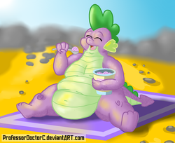 Size: 1506x1229 | Tagged: safe, artist:professordoctorc, spike, dragon, g4, beach, belly, big belly, blanket, eating, fat, fat spike, ice cream, male, solo, sweat