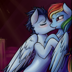 Size: 1024x1024 | Tagged: safe, artist:chiweee, rainbow dash, soarin', g4, against wall, bed, blushing, cute, eyes closed, female, floppy ears, hug, imminent sex, kiss on the lips, kissing, male, ship:soarindash, shipping, straight