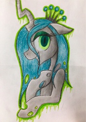 Size: 1393x1963 | Tagged: safe, artist:nicolethebluepony, queen chrysalis, changeling, changeling queen, g4, crown, female, jewelry, regalia, smiling, solo