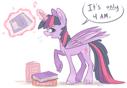 Size: 1245x869 | Tagged: safe, artist:ninidoodles, twilight sparkle, alicorn, pony, g4, book, female, looking at you, magic, mare, open mouth, raised hoof, solo, telekinesis, that pony sure does love books, tired, twilight sparkle (alicorn), unshorn fetlocks